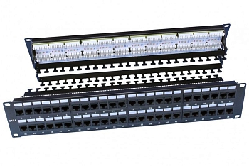 PP3-19-48-8P8C-C5E-110D Патч-панель 19", 2U, 48 портов RJ-45, категория 5e, Dual IDC, ROHS, цвет черный Hyperline